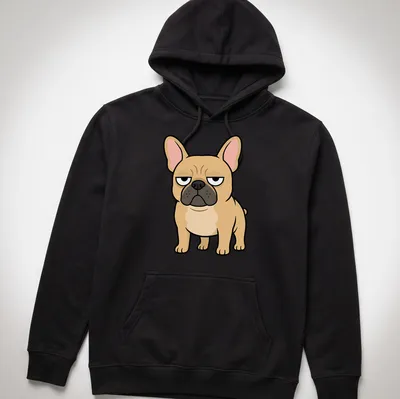 Cartoon grumpy French Bulldog T-shirt with beige and black colors — printed on a unisex hoodie
