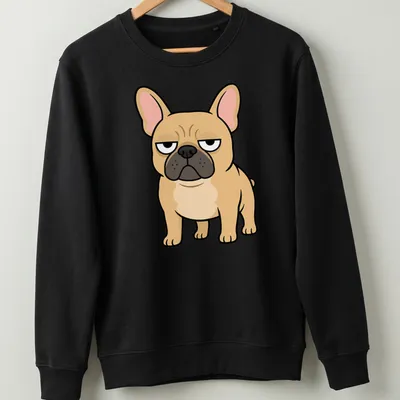 Cartoon grumpy French Bulldog T-shirt with beige and black colors — printed on a unisex sweatshirt