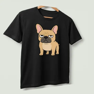 Cartoon grumpy French Bulldog T-shirt with beige and black colors — printed on a unisex t-shirt (angled view)