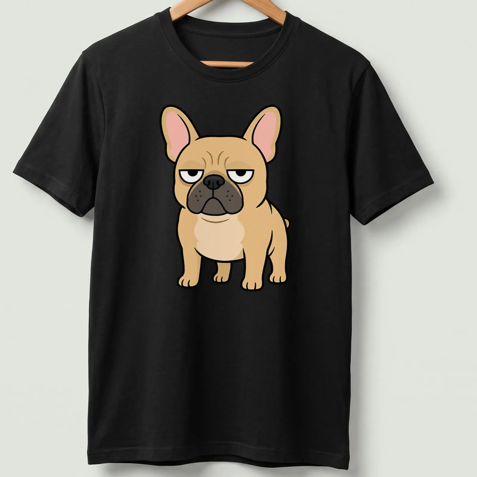 Cartoon grumpy French Bulldog T-shirt with beige and black colors — printed on a unisex t-shirt