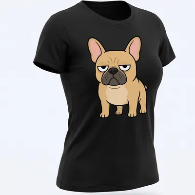 Cartoon grumpy French Bulldog T-shirt with beige and black colors — printed on a women's shirt