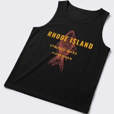 Vintage striped bass fisherman t-shirt with retro illustration and printed text — printed on a tank top
