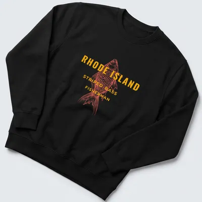 Vintage striped bass fisherman t-shirt with retro illustration and printed text — printed on a unisex sweatshirt