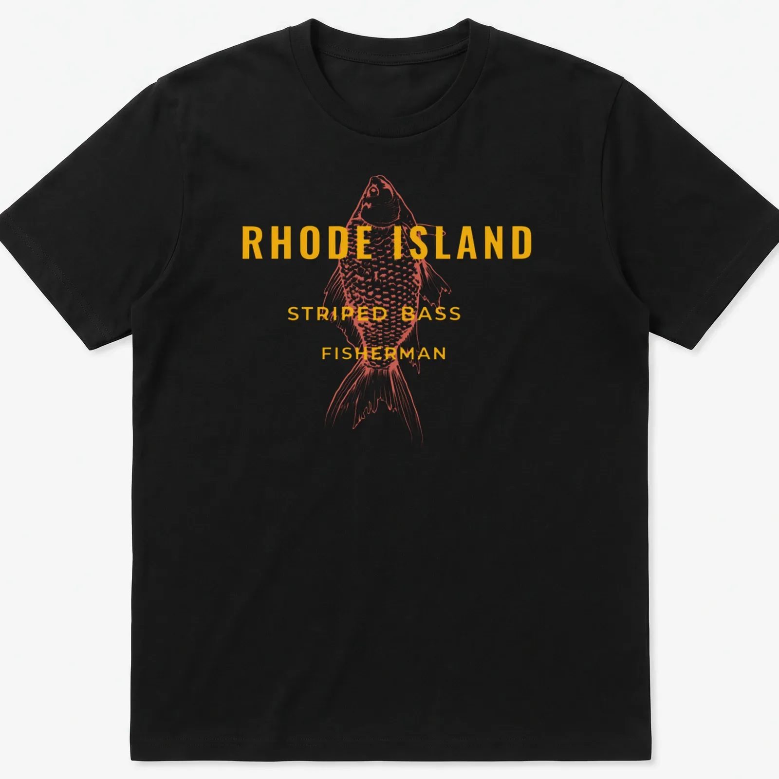Vintage striped bass fisherman t-shirt with retro illustration and printed text — printed on a unisex t-shirt