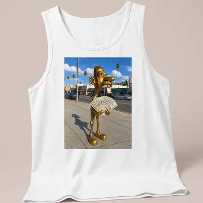 Realistic print of a golden statue holding cash, set against vibrant colors — printed on a tank top