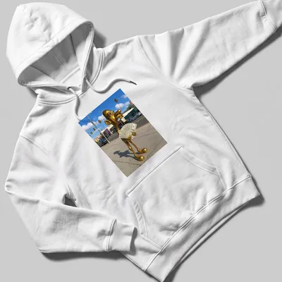 Realistic print of a golden statue holding cash, set against vibrant colors — printed on a unisex hoodie