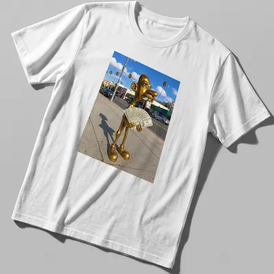 Realistic print of a golden statue holding cash, set against vibrant colors