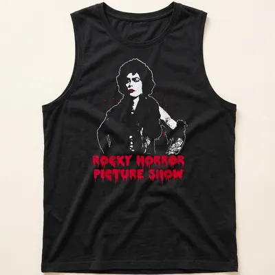 Glam rock T-shirt featuring the text 'ROCKY HORROR PICTURE SHOW' and Dr. Frank in bold colors. — printed on a tank top