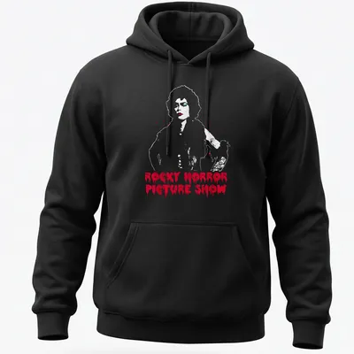 Glam rock T-shirt featuring the text 'ROCKY HORROR PICTURE SHOW' and Dr. Frank in bold colors. — printed on a unisex hoodie