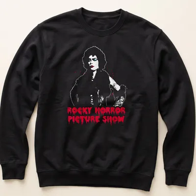 Glam rock T-shirt featuring the text 'ROCKY HORROR PICTURE SHOW' and Dr. Frank in bold colors. — printed on a unisex sweatshirt