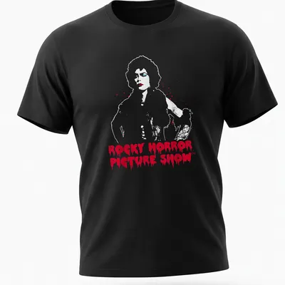 Glam rock T-shirt featuring the text 'ROCKY HORROR PICTURE SHOW' and Dr. Frank in bold colors. — printed on a unisex t-shirt