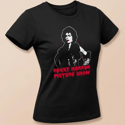 Glam rock T-shirt featuring the text 'ROCKY HORROR PICTURE SHOW' and Dr. Frank in bold colors. — printed on a women's shirt