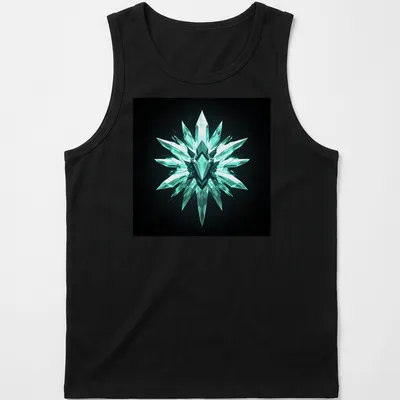 3D render of a crystal dagger emblem in teal and black — printed on a tank top