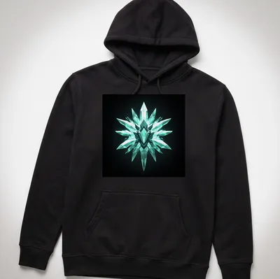 3D render of a crystal dagger emblem in teal and black — printed on a unisex hoodie