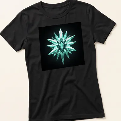 3D render of a crystal dagger emblem in teal and black — printed on a women's shirt