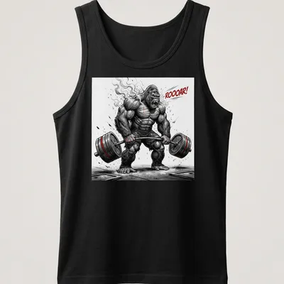 Comic style illustration of a fierce bodybuilder gorilla deadlifting with bold text ROOOAR! — printed on a tank top