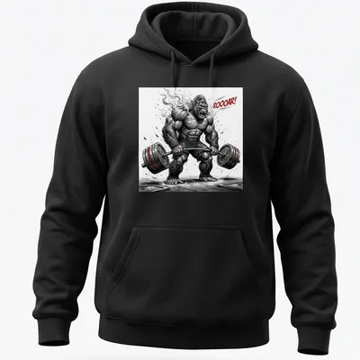 Comic style illustration of a fierce bodybuilder gorilla deadlifting with bold text ROOOAR! — printed on a unisex hoodie