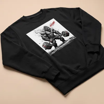 Comic style illustration of a fierce bodybuilder gorilla deadlifting with bold text ROOOAR! — printed on a unisex sweatshirt