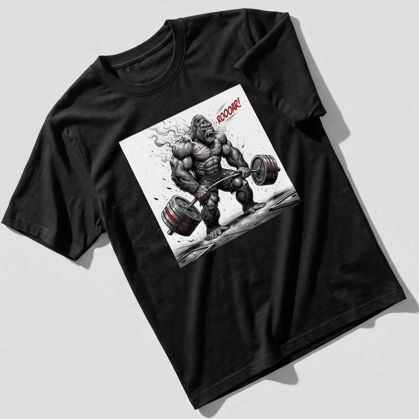 Comic style illustration of a fierce bodybuilder gorilla deadlifting with bold text ROOOAR! — printed on a unisex t-shirt