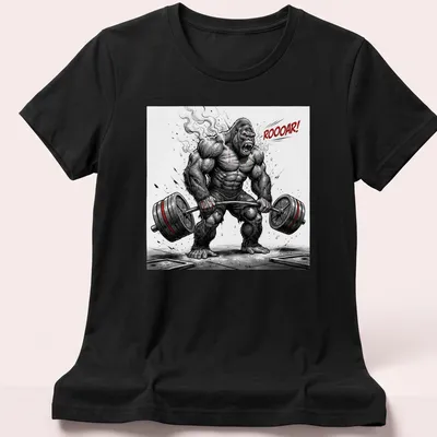 Comic style illustration of a fierce bodybuilder gorilla deadlifting with bold text ROOOAR! — printed on a women's shirt