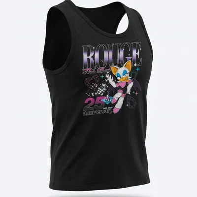 Distressed t-shirt featuring Rouge The Bat with anniversary text in purple and black — printed on a tank top