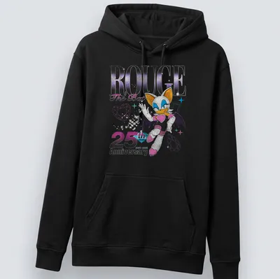 Distressed t-shirt featuring Rouge The Bat with anniversary text in purple and black — printed on a unisex hoodie