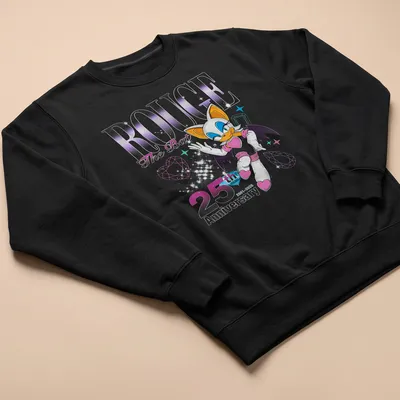 Distressed t-shirt featuring Rouge The Bat with anniversary text in purple and black — printed on a unisex sweatshirt