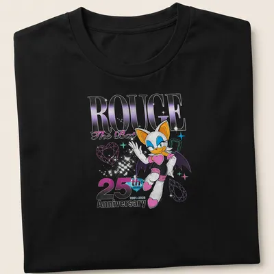 Distressed t-shirt featuring Rouge The Bat with anniversary text in purple and black