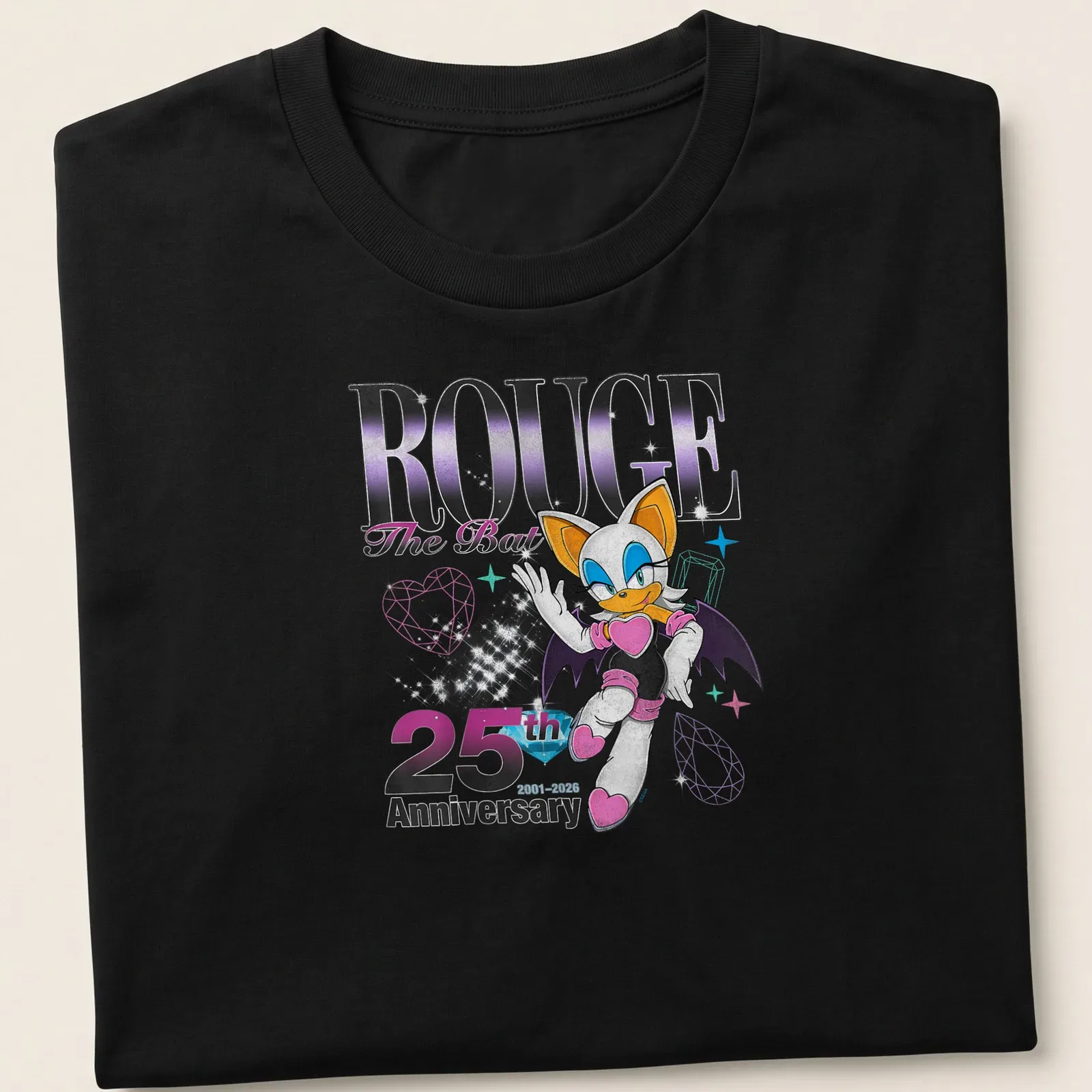 Distressed t-shirt featuring Rouge The Bat with anniversary text in purple and black — printed on a unisex t-shirt