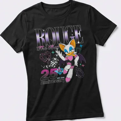Distressed t-shirt featuring Rouge The Bat with anniversary text in purple and black — printed on a women's shirt