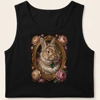 Realistic portrait of a bunny with an emerald necklace in a floral frame — printed on a tank top