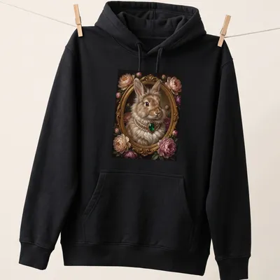 Realistic portrait of a bunny with an emerald necklace in a floral frame — printed on a unisex hoodie