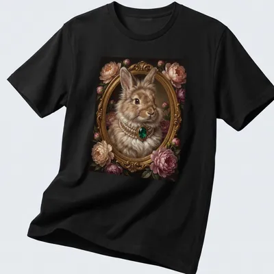 Realistic portrait of a bunny with an emerald necklace in a floral frame