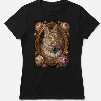 Realistic portrait of a bunny with an emerald necklace in a floral frame — printed on a women's shirt
