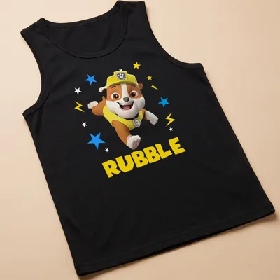 Cartoon design of Rubble from Paw Patrol with vibrant colors — printed on a tank top