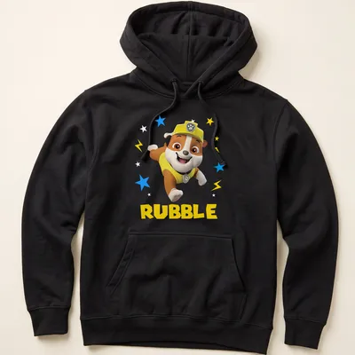 Cartoon design of Rubble from Paw Patrol with vibrant colors — printed on a unisex hoodie
