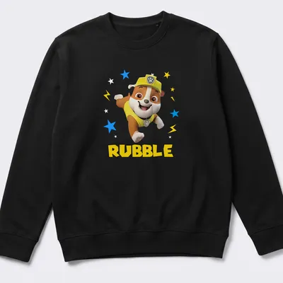 Cartoon design of Rubble from Paw Patrol with vibrant colors — printed on a unisex sweatshirt