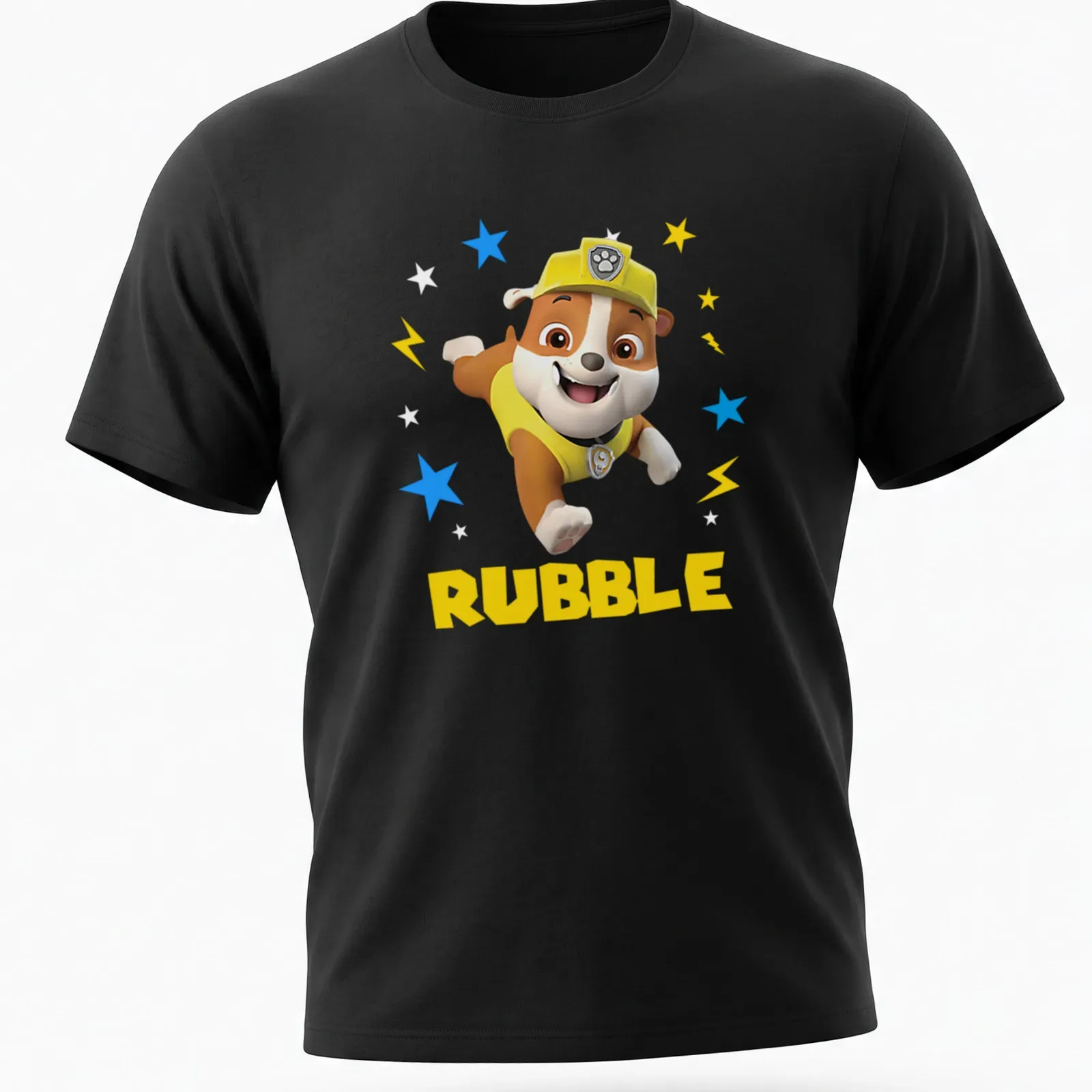 Cartoon design of Rubble from Paw Patrol with vibrant colors — printed on a unisex t-shirt