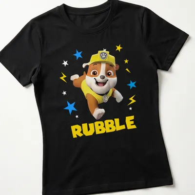 Cartoon design of Rubble from Paw Patrol with vibrant colors — printed on a women's shirt