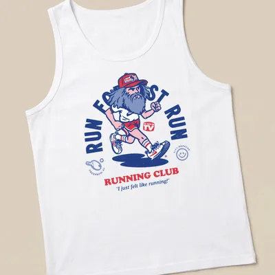Vintage cartoon t-shirt featuring a bearded runner with humorous text on running. — printed on a tank top