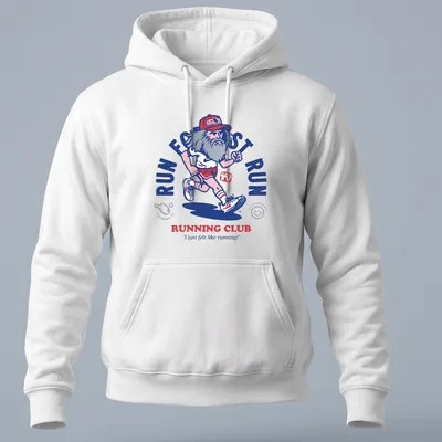Vintage cartoon t-shirt featuring a bearded runner with humorous text on running. — printed on a unisex hoodie