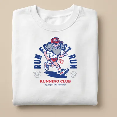 Vintage cartoon t-shirt featuring a bearded runner with humorous text on running. — printed on a unisex sweatshirt