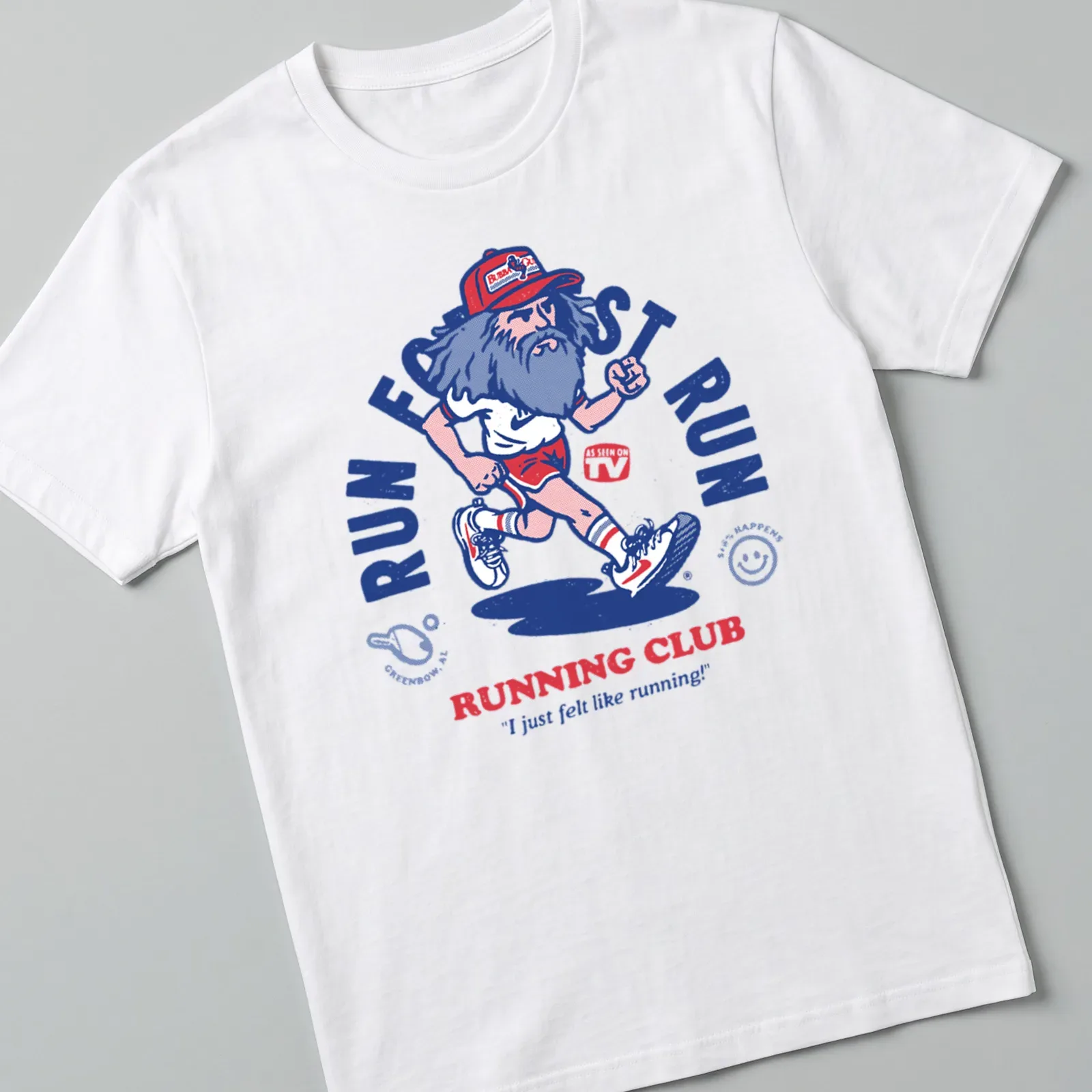 Vintage cartoon t-shirt featuring a bearded runner with humorous text on running. — printed on a unisex t-shirt