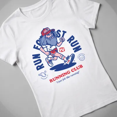 Vintage cartoon t-shirt featuring a bearded runner with humorous text on running. — printed on a women's shirt