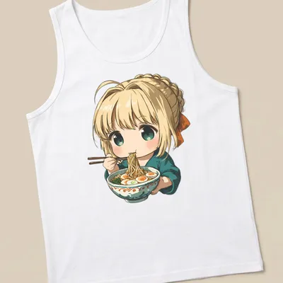 Kawaii chibi character eating ramen in a colorful bowl illustration — printed on a tank top