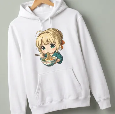 Kawaii chibi character eating ramen in a colorful bowl illustration — printed on a unisex hoodie