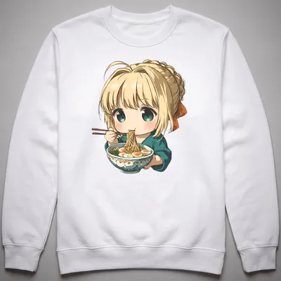 Kawaii chibi character eating ramen in a colorful bowl illustration — printed on a unisex sweatshirt
