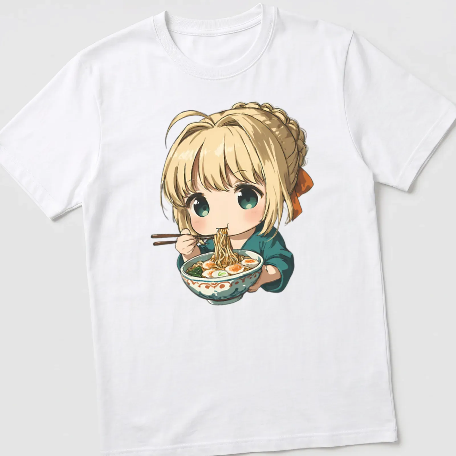 Kawaii chibi character eating ramen in a colorful bowl illustration — printed on a unisex t-shirt