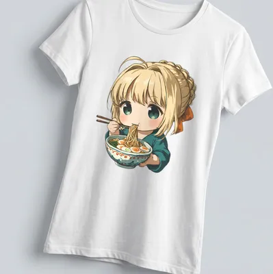 Kawaii chibi character eating ramen in a colorful bowl illustration — printed on a women's shirt