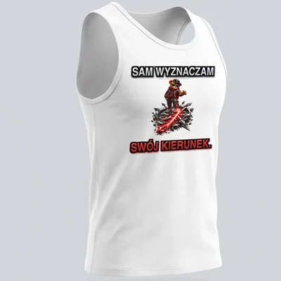 Vibrant graphic of bear character with text SAM WYZNACZAM SWÓJ KIERUNEK in black, red, and white — printed on a tank top